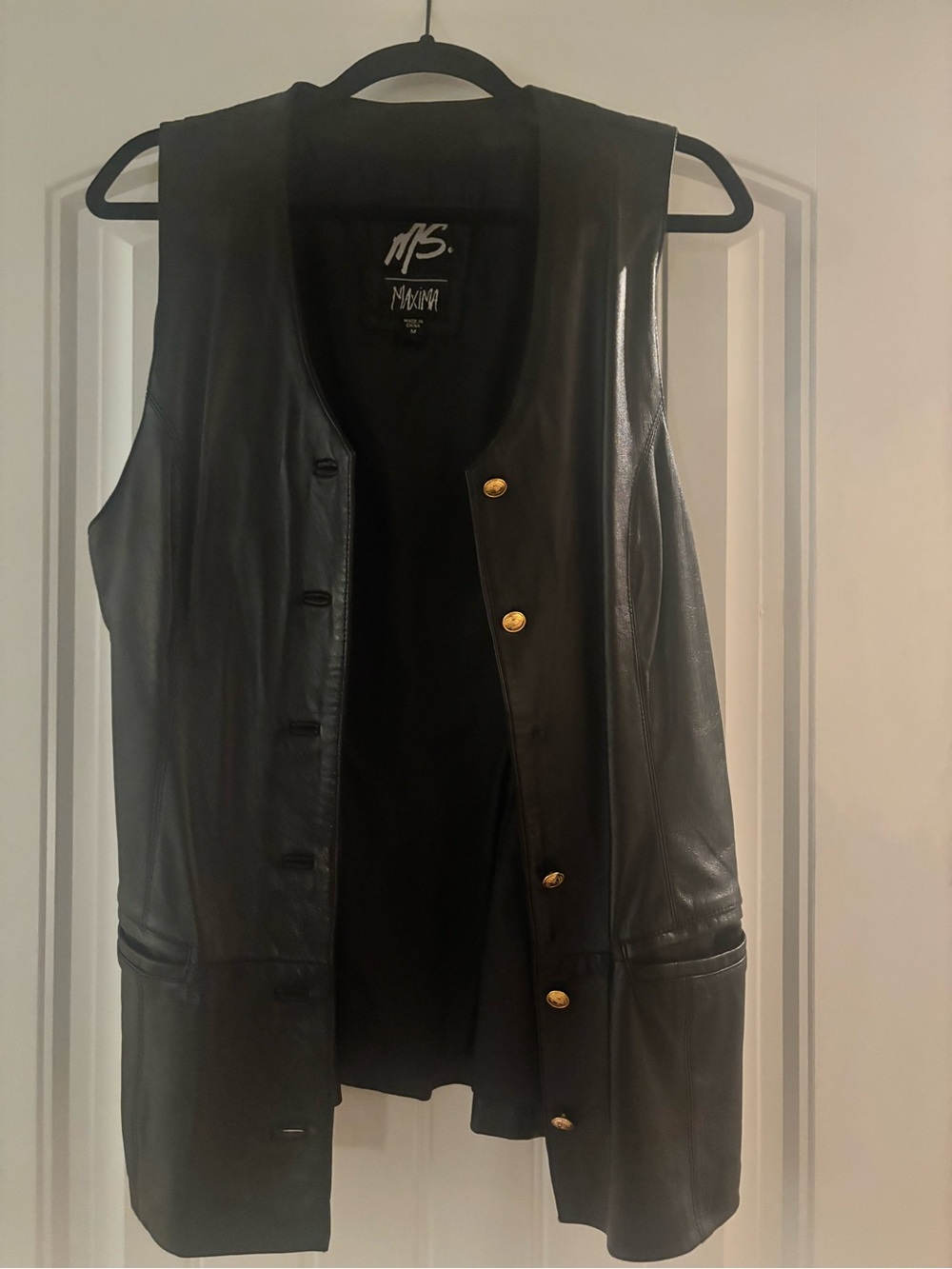 Maxima Black Leather Sleeveless Vest with Gold-Tone Buttons
